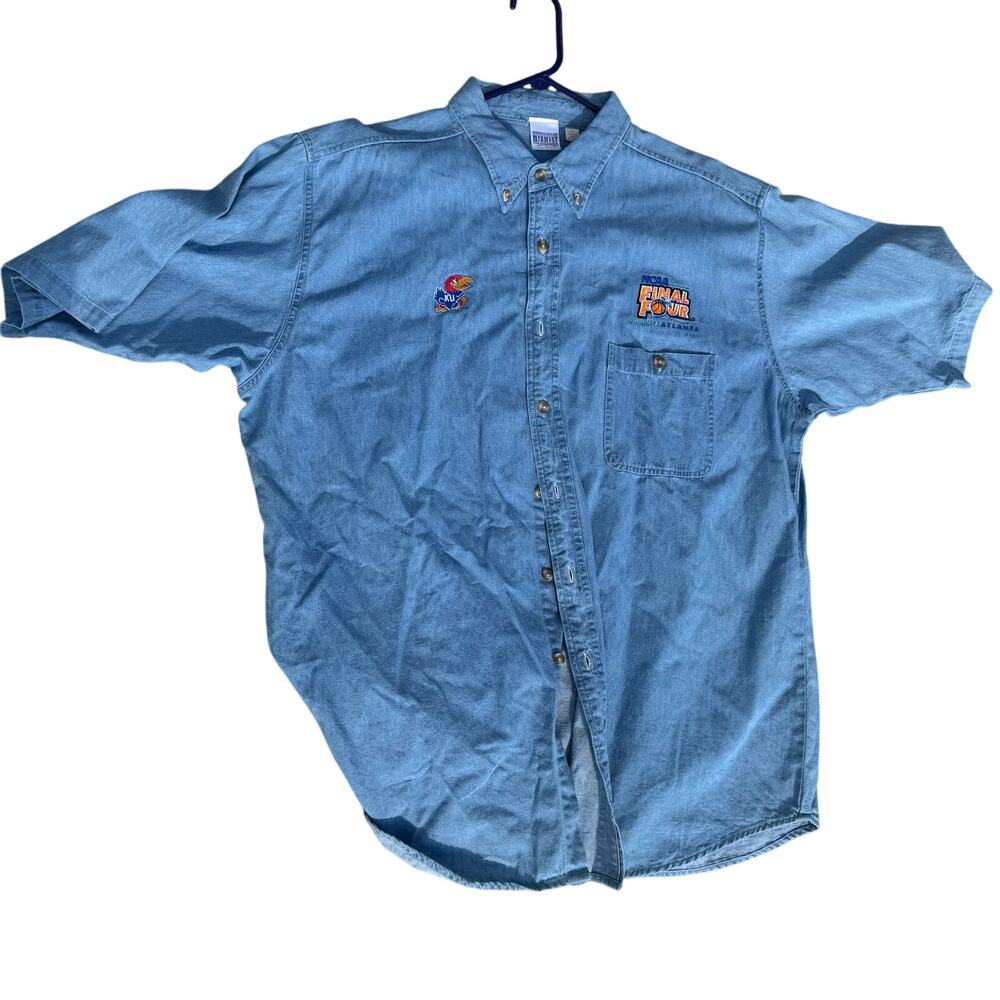VTG Kansas Jayhawks KU Basketball Denim Button Up 2002 Final Four Short Sleeve